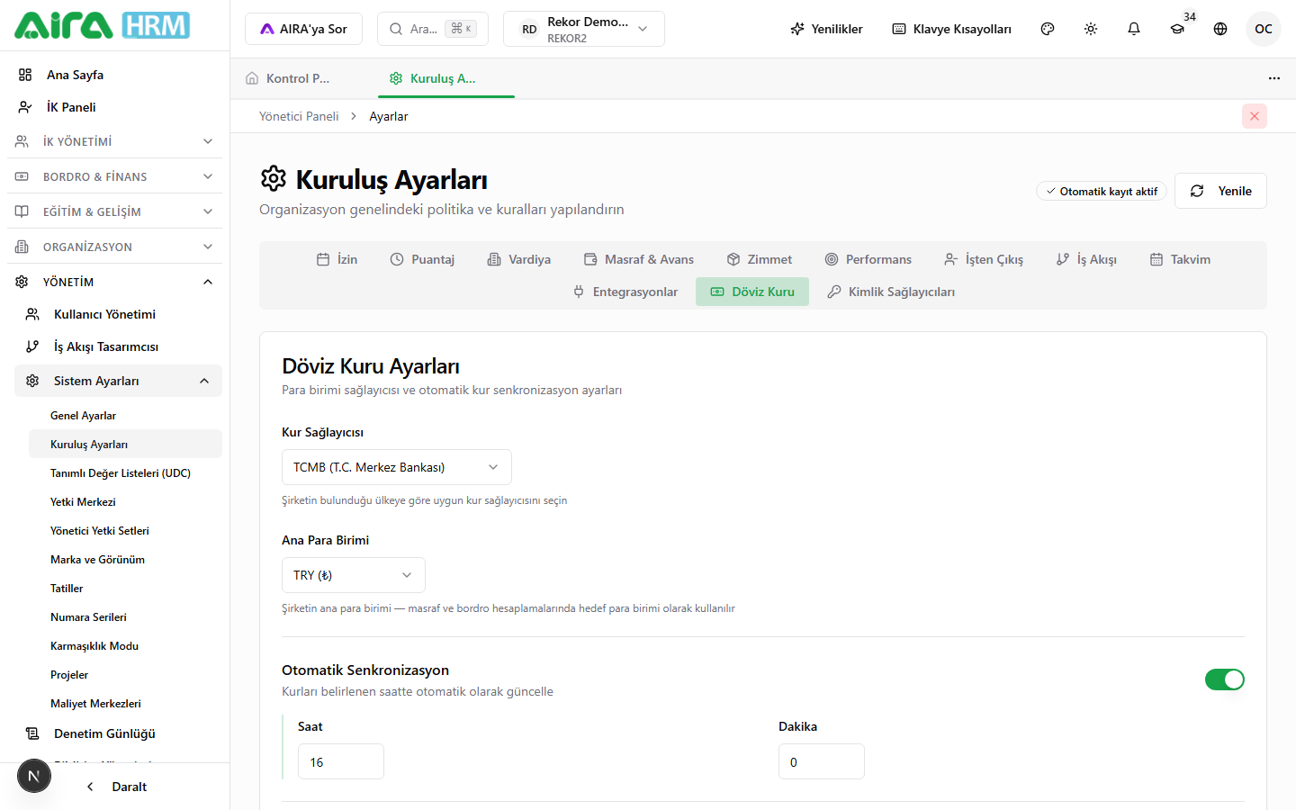 Ayarlar → Döviz Kuru sekmesi genel görünüm