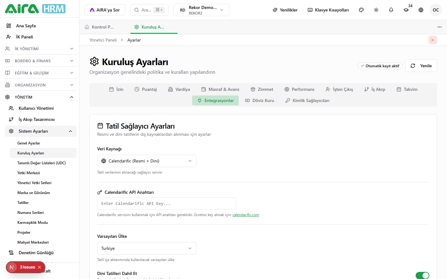 Ayarlar → Entegrasyonlar sekmesi genel görünüm