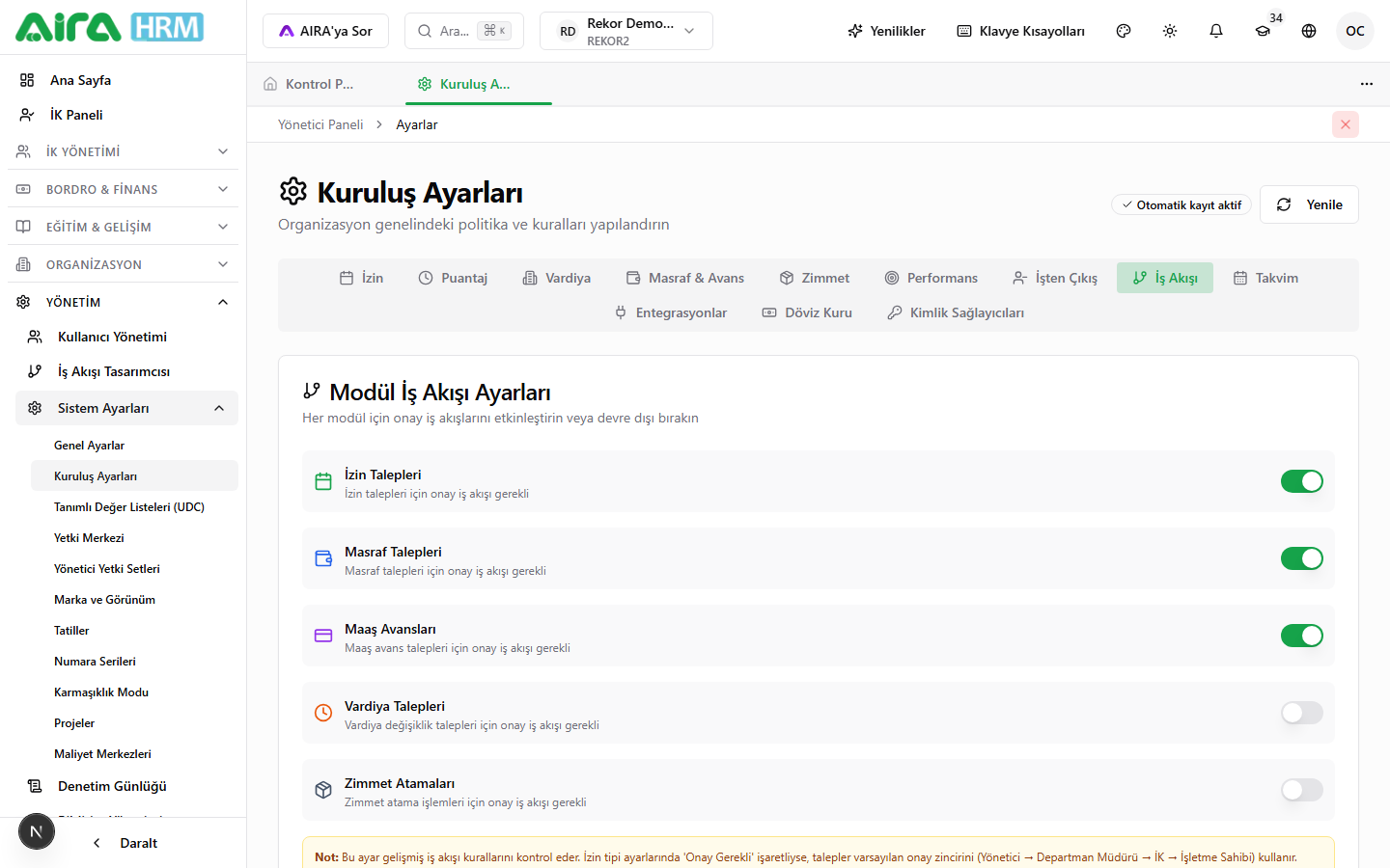 Ayarlar → İş Akışı sekmesi genel görünüm