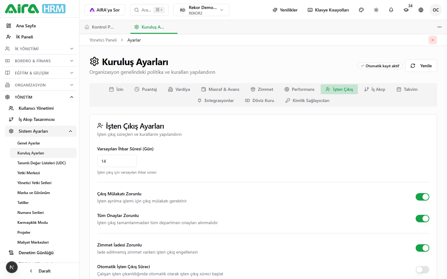 Ayarlar → İşten Çıkış sekmesi genel görünüm