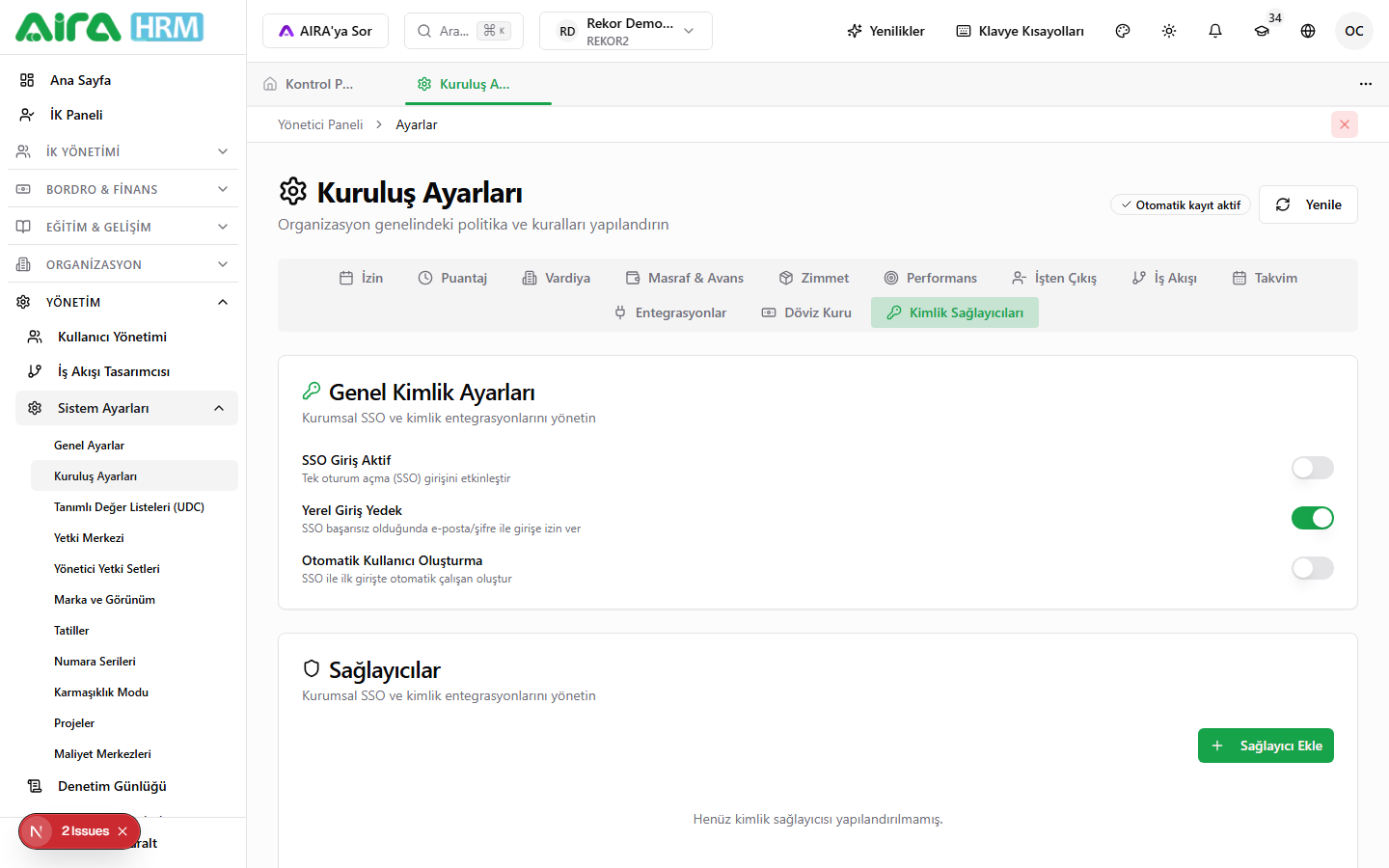 Ayarlar → Kimlik Sağlayıcıları sekmesi genel görünüm