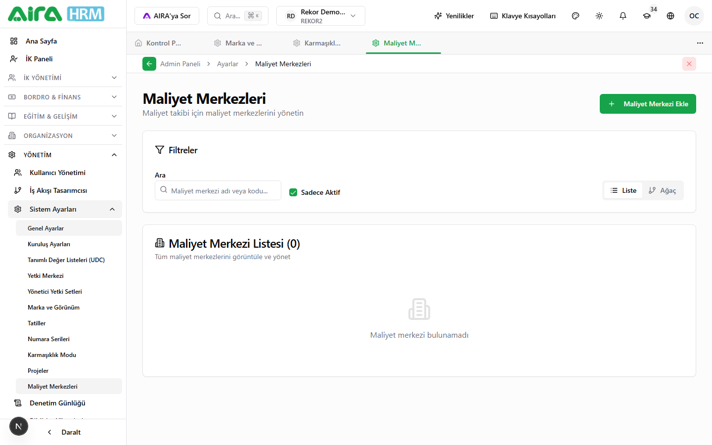 Maliyet Merkezleri listesi