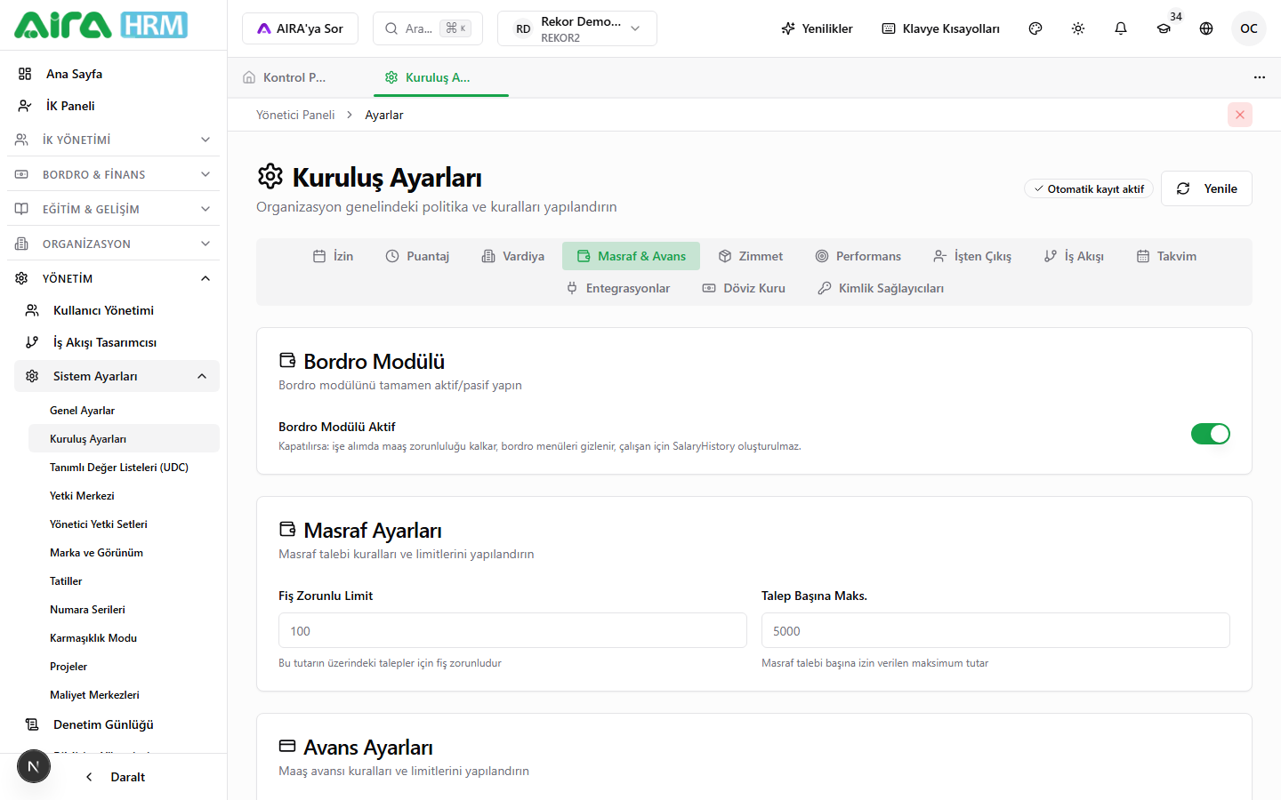 Masraf & Avans sekmesi — Masraf Ayarları (Fiş Zorunlu Limit, Talep Başına Maks.) + Avans Ayarları