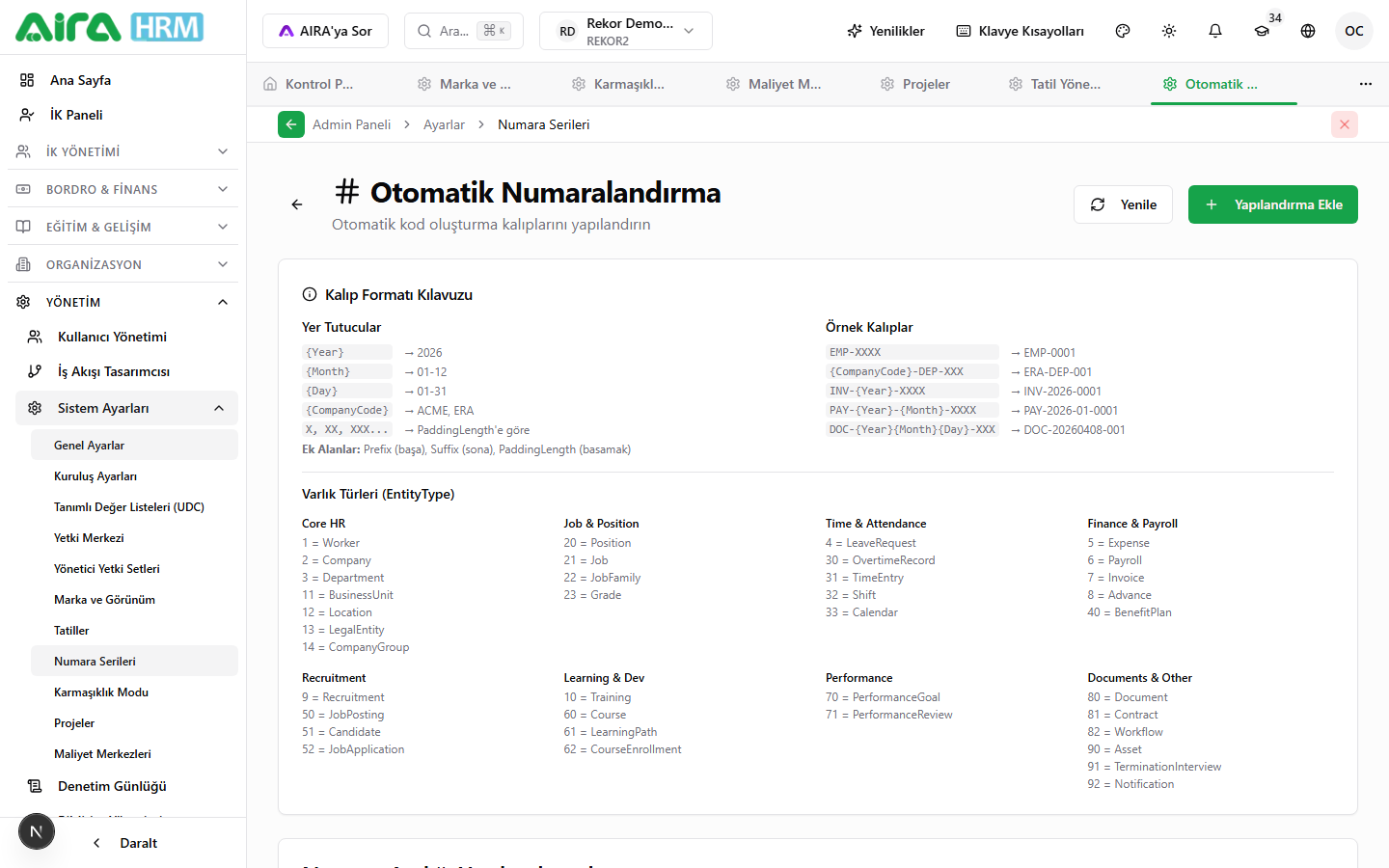 Otomatik Numaralandırma listesi