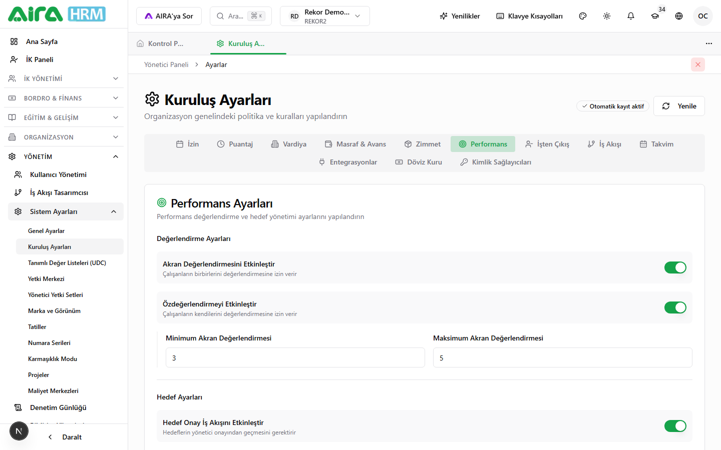 Ayarlar → Performans sekmesi genel görünüm