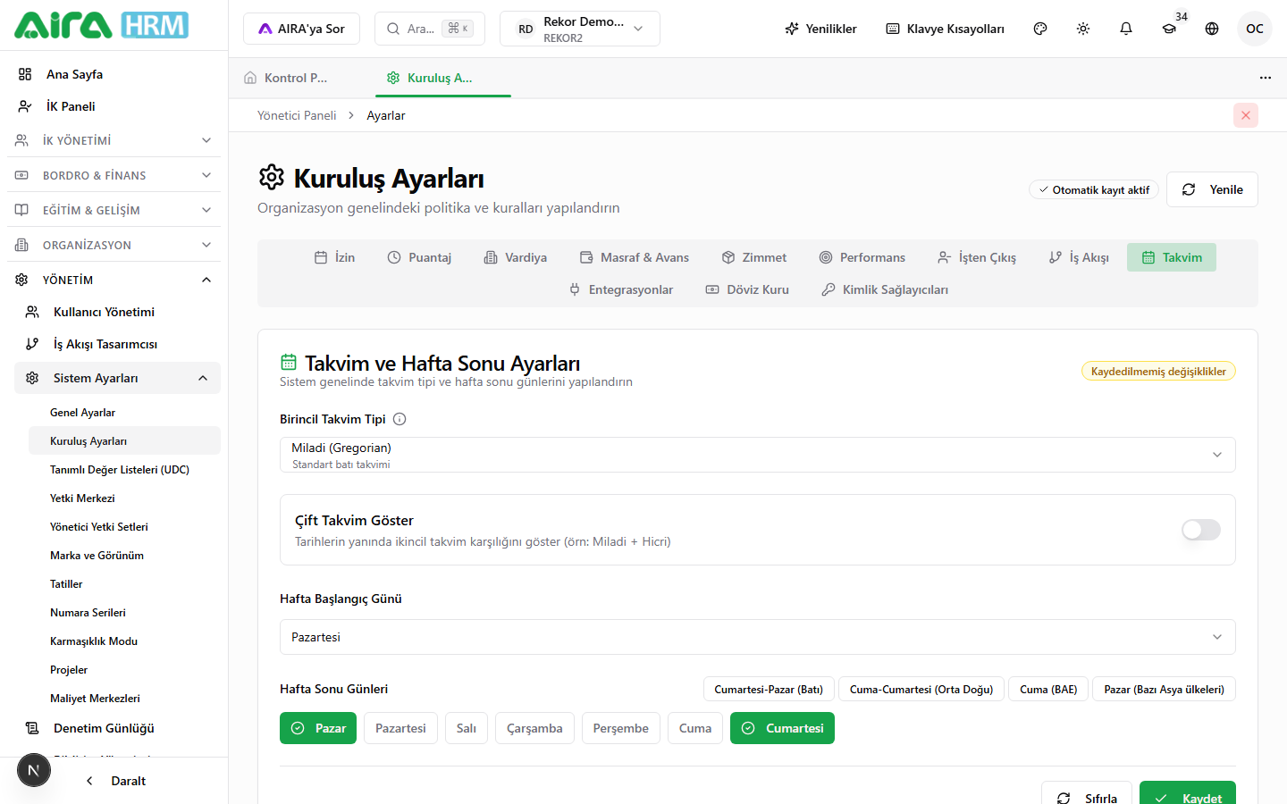 Takvim sekmesi — takvim tipi, çift takvim, hafta başlangıcı, hafta sonu günleri (preset + gün seçimi)