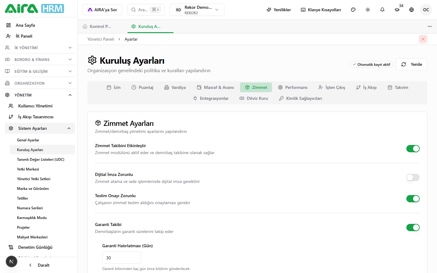 Ayarlar → Zimmet sekmesi genel görünüm