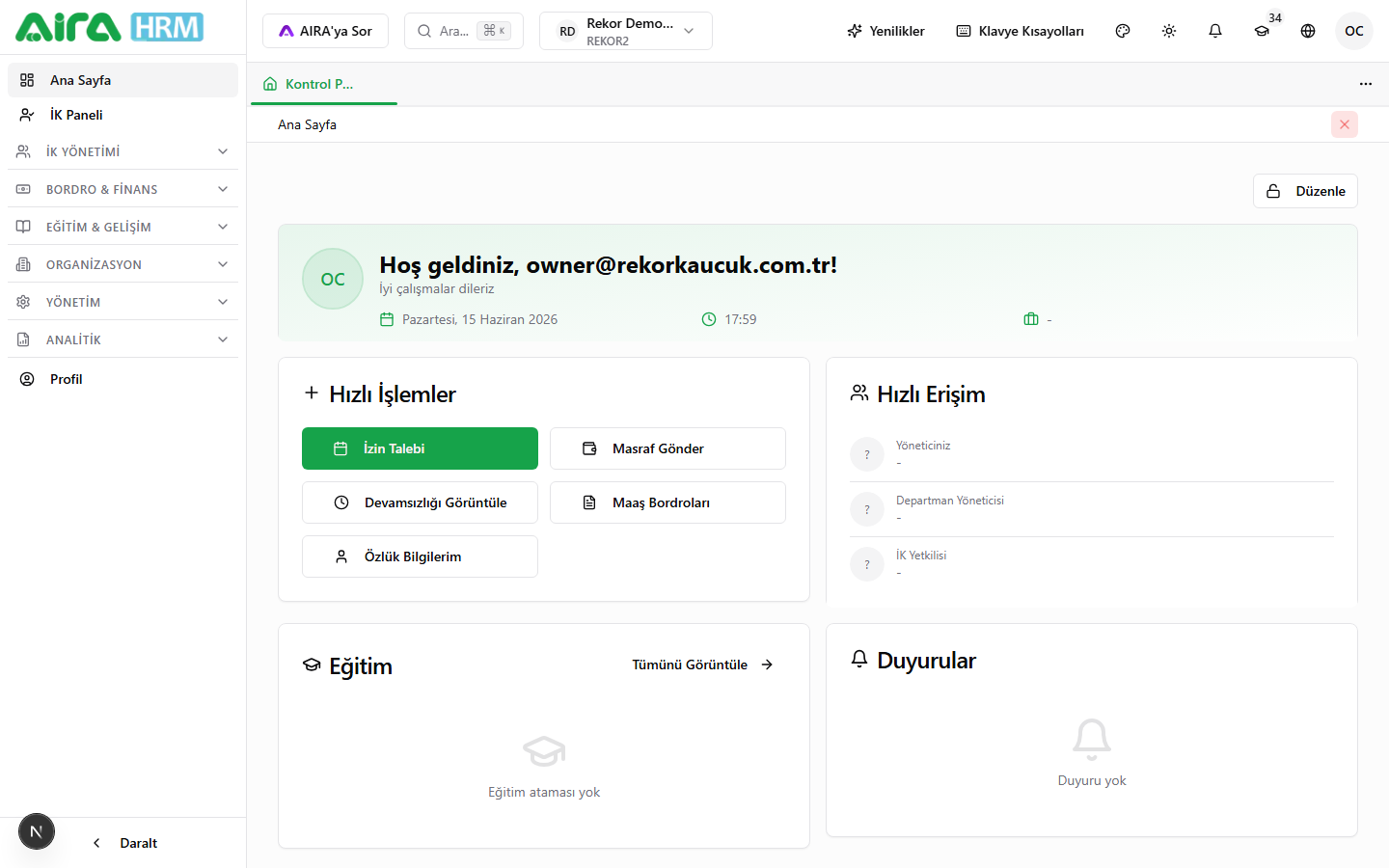 Giriş sonrası üst menüde aktif şirket