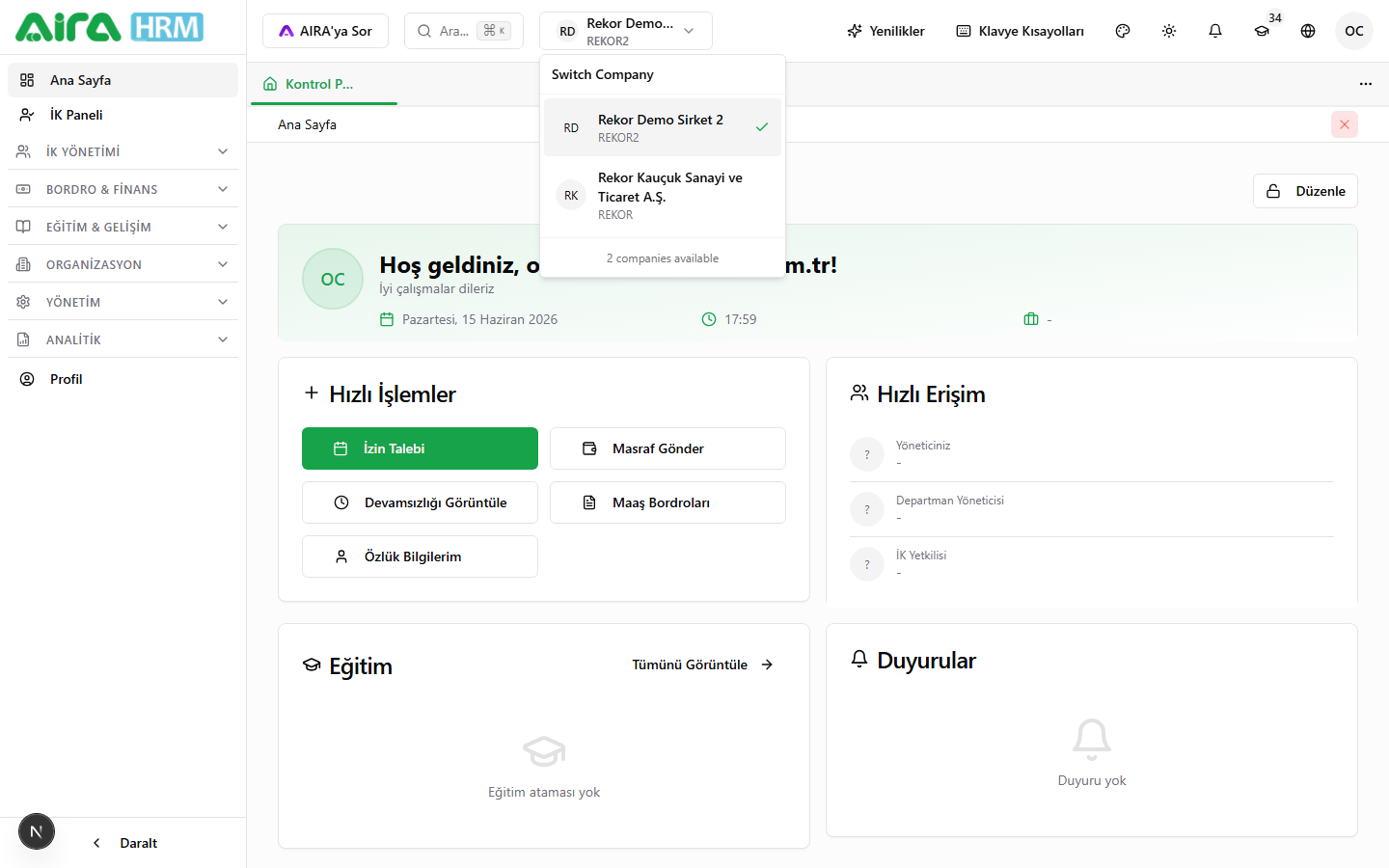 Şirket açılır listesi — erişilebilen şirketler, aktif olanda onay işareti