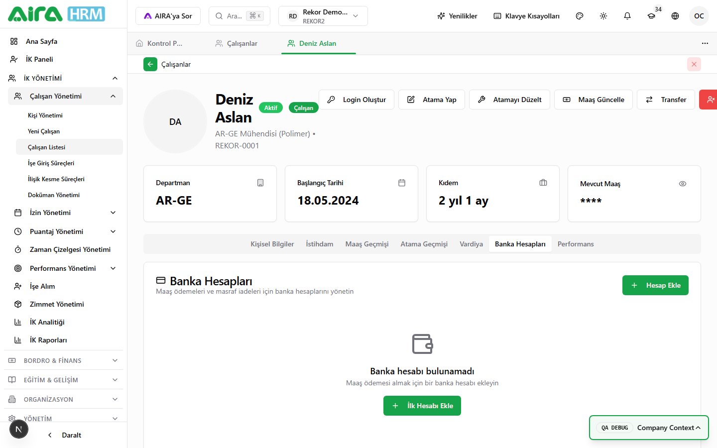Banka Hesapları sekmesi